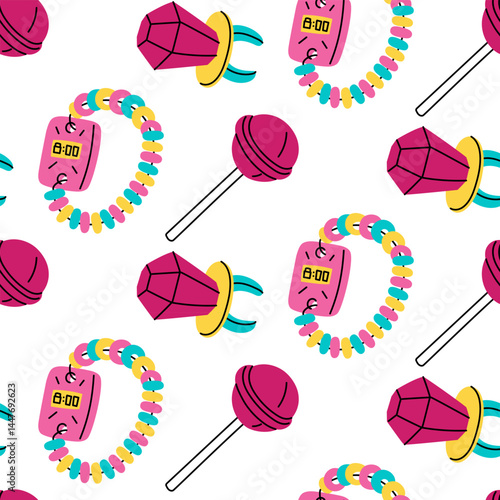 pattern of lollipop bracelets, an icicle and a ring from the 90s. Sweet flat color illustration. Lollipops from the 2000s. Sweet candies. Seamless texture of sweet delicate colors