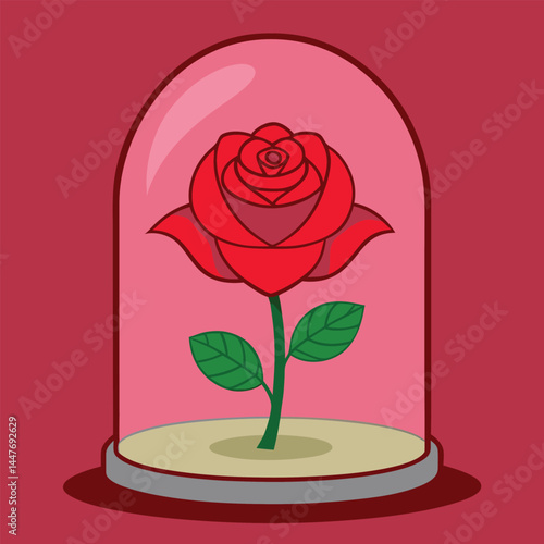 Red rose in glass dome Beauty and the Beast inspired vector illustration