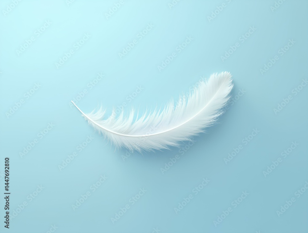 Obraz premium White Feather with Black Pattern on Blue Background, soft plume of wildlife animal