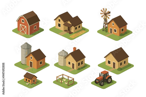 Charming farmhouse icons set – barn, windmill, silo, tractor, chickens, crops