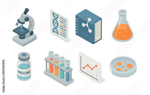 Medical research tools icons set – microscope, dna, lab book, flask, vaccine, test tubes, graph, petri dish