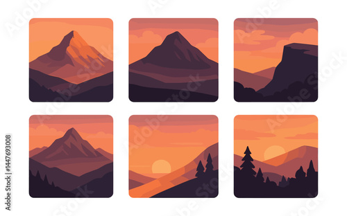 Sunset mountain serenity icons set – peaks, silhouettes, glowing skies, peaceful views, nature scenes
