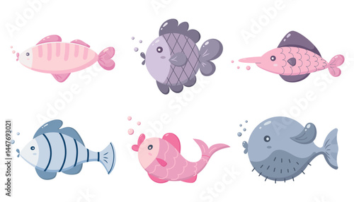 Set of Cute Cartoon Fishes. Adorable cartoon-style fish in various shapes, colors, and patterns. Perfect for children’s designs, educational materials, ocean-themed illustrations, and playful aquatic 