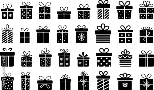 Set of Black Christmas Gift Box Silhouettes – Various Present Shapes Vector Collection, Holiday Package Icons, Minimal Festive Design, Transparent Background, Perfect for Stickers and Decorations