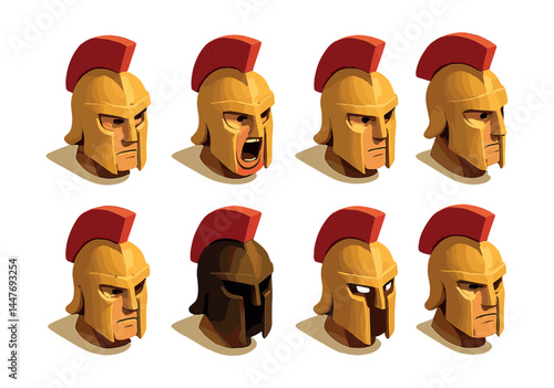 Spartan warrior expressions icons set – anger, courage, determination, pride, fear, focus