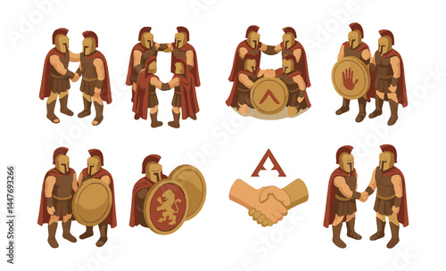Spartan brotherhood icons set – warriors, helmets, shields, armor, brotherhood, lion, unity, strength