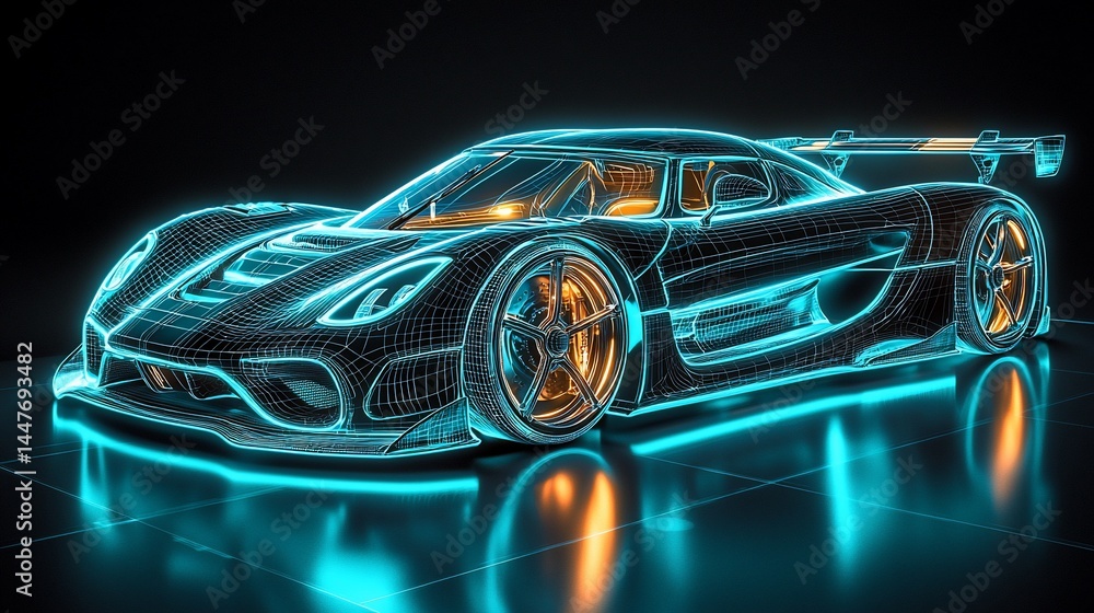 Futuristic sports car, glowing wireframe design Futuristic sports car, glowing wireframe design