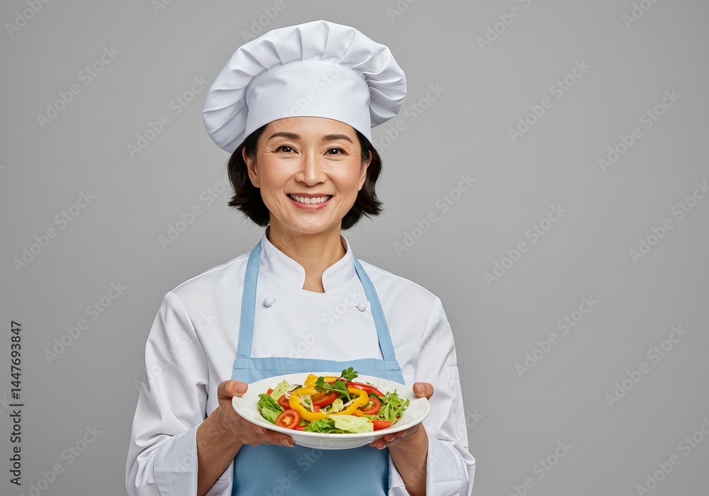 Smiling Female Chef Proudly Presenting a Delicious and Healthy Vegetable Salad Smiling Female Chef Proudly Presenting a Delicious and Healthy Vegetable Salad