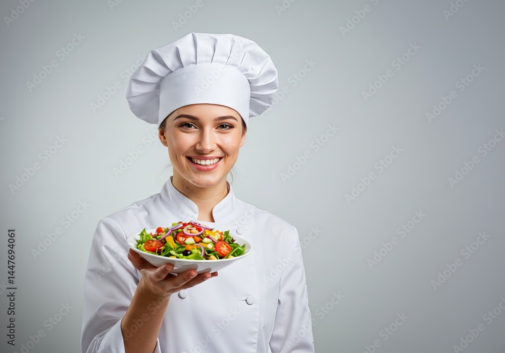 Smiling Female Chef Presenting a Fresh and Healthy Salad Culinary Expertise and Deliciousness Smiling Female Chef Presenting a Fresh and Healthy Salad Culinary Expertise and Deliciousness