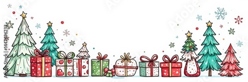 Doodle-style illustration of gifts, trees, and snowflakes in a circular arrangement, creating a Christmas wreath on white background, festive , presents, winter