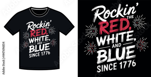 Patriotic T-Shirt Design Featuring Red, White, and Blue Colors and Fireworks