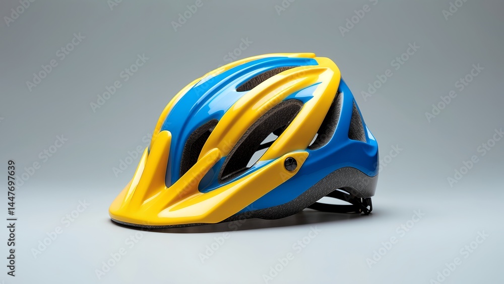 Vibrant yellow and blue bicycle helmet on display Vibrant yellow and blue bicycle helmet on display
