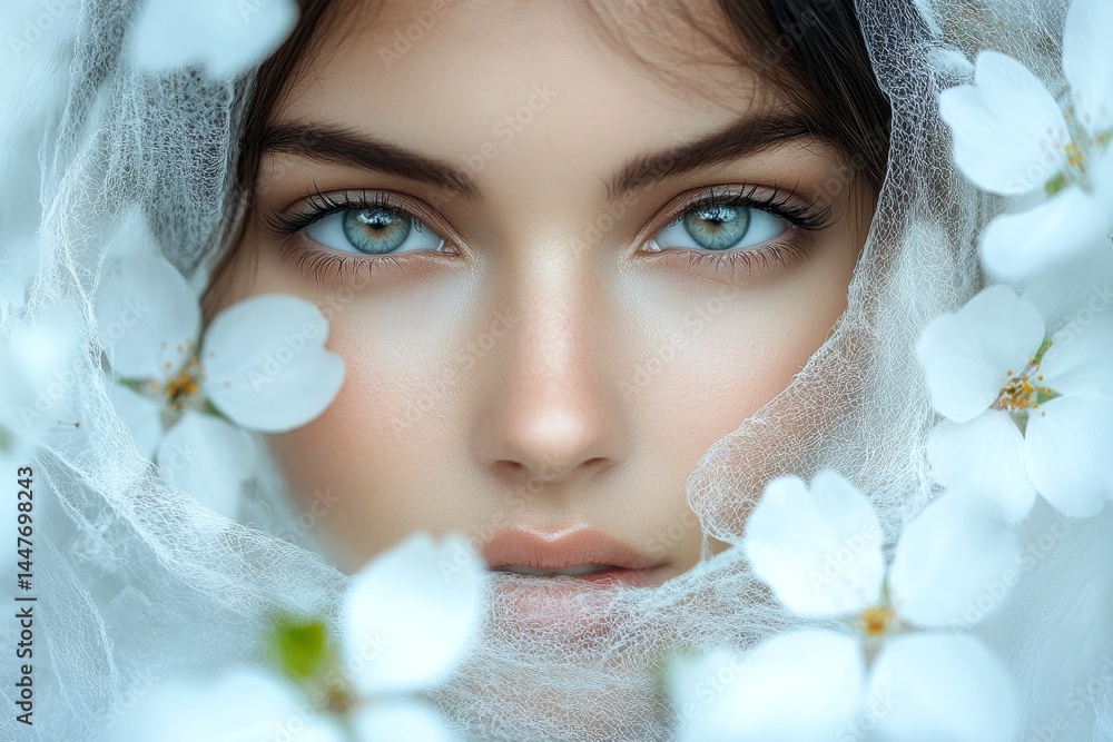 Commercial marketing creative. Spring mood, golden sunrise and fog. Attractive caucasian young woman surrounded by cherry blossoms. Woman posing under cherry blossoms.
