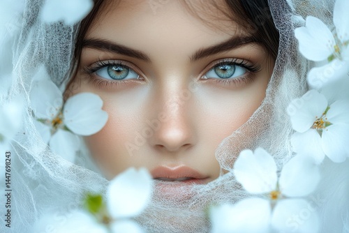 Obraz na płótnie Commercial marketing creative. Spring mood, golden sunrise and fog. Attractive caucasian young woman surrounded by cherry blossoms. Woman posing under cherry blossoms. w salonie