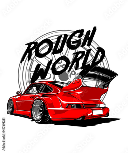 A fast red racing car, a red sport automobile with a visible wheel, speeds on the road, embodying automotive design and the thrill of racing transport