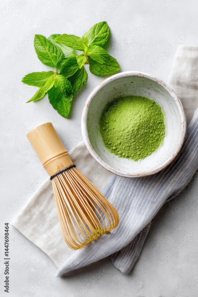 Matcha green tea powder in a bowl with fresh mint leaves and a bamboo whisk on a textured linen cloth, showcasing vibrant colors and natural ingredients for culinary use Matcha green tea powder in a bowl with fresh mint leaves and a bamboo whisk on a textured linen cloth, showcasing vibrant colors and natural ingredients for culinary use