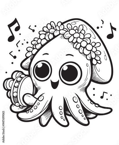Coloring book squid with a flower crown playing a tambourine amidst musical notes