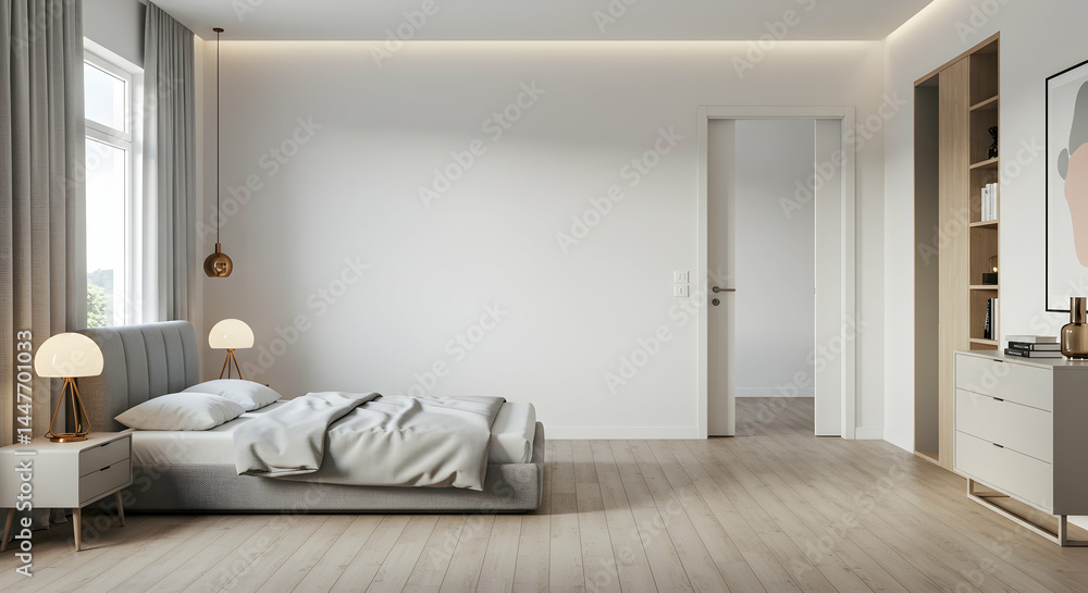 Fototapeta premium Modern Minimalist Bedroom Interior with Neutral Color Palette