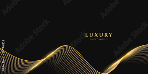 Abstract luxury with shining gold lines waves on black background. Futuristic background of flowing gold lines for banner, poster, cover, brochure, flyer, website