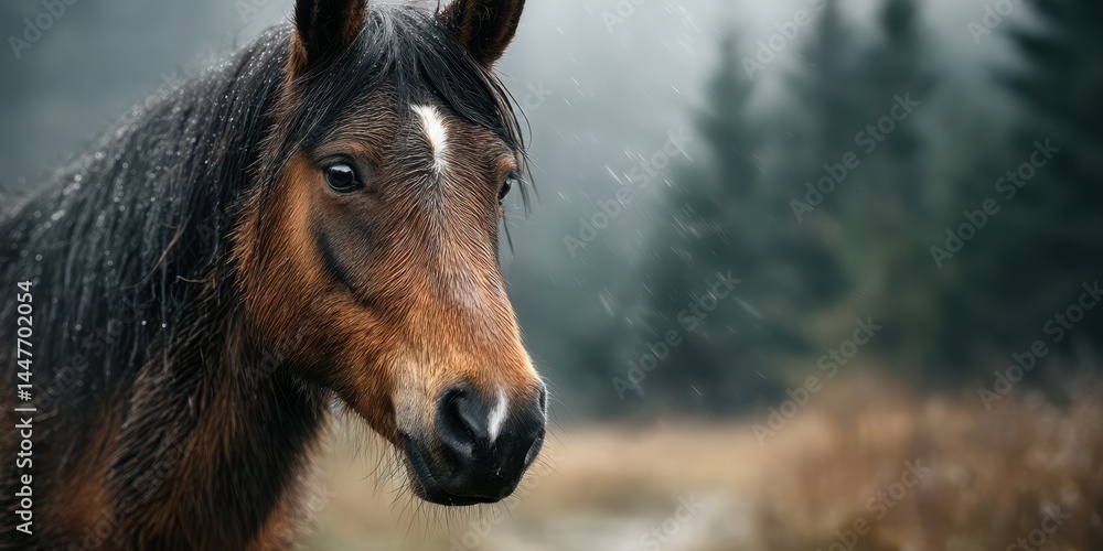 Fototapeta premium Brown horse standing in a misty forest during a light snowfall on a chilly winter morning