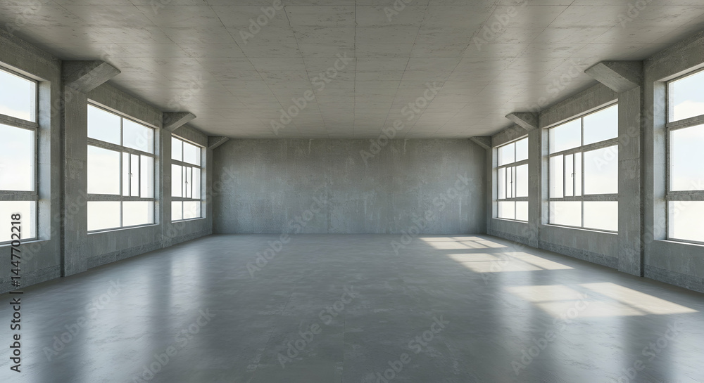 Modern Empty Room with Large Windows and Concrete Walls Modern Empty Room with Large Windows and Concrete Walls