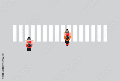Top-down vector illustration of two motorcyclists riding scooters across a pedestrian crosswalk on a gray road background, showcasing urban traffic and road safety concept.