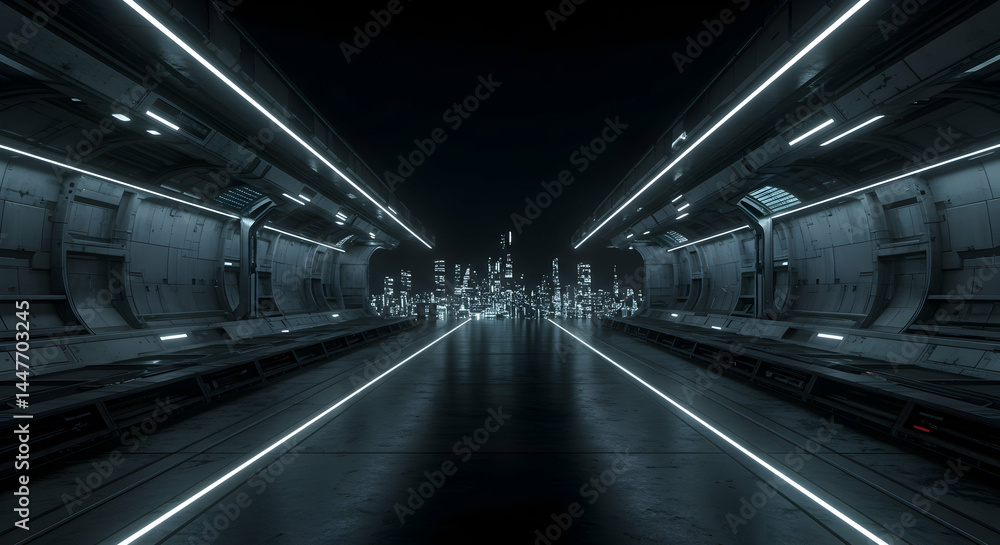 Futuristic Sci-Fi Corridor with Cityscape View in Dark Atmosphere Futuristic Sci-Fi Corridor with Cityscape View in Dark Atmosphere
