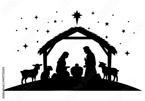 Traditional nativity scene silhouette with Mary, Joseph, baby Jesus, shepherds, wise men, animals, stable and star. Holy Night Christmas vector art
