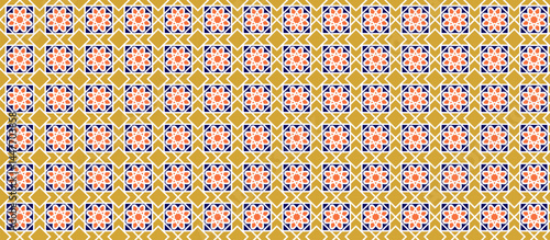 Moroccan Geometric Patterns Decorative tile pattern with coral floral motifs and navy frames on mustard background, interlocking gold-outlined squares creating diamond lattice effect
