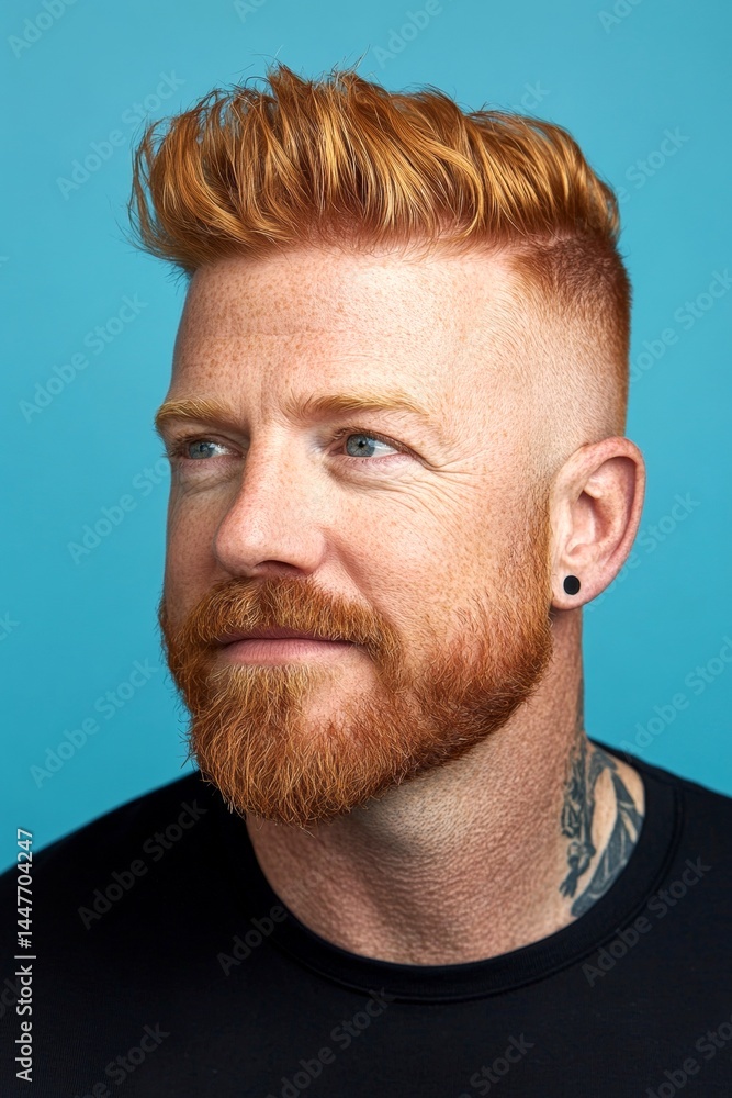 Concept graphic drawing of style for aging men. Elegant men's mid fade haircut - midlife white man with red hair. Blue solid background. A strong and handsome man standing with grace.
