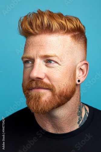 Obraz na płótnie Concept graphic drawing of style for aging men. Elegant men's mid fade haircut - midlife white man with red hair. Blue solid background. A strong and handsome man standing with grace. w salonie