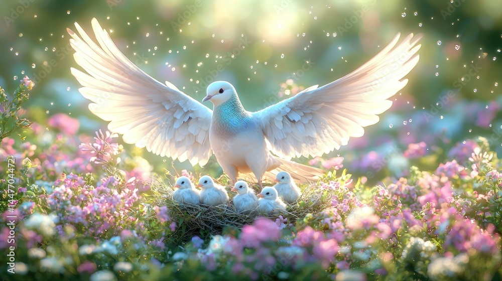 Fototapeta premium Dove family with chicks on a nest surrounded by colorful flowers and glittering lights