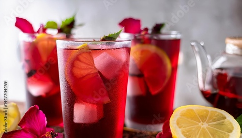 Refreshing hibiscus iced tea with lemon and ice cubes