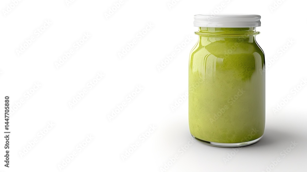 A glass jar filled with a refreshing green smoothie is prominently displayed alone on a clean white background, showcasing a creation possibly made with generative AI. The vibrant green color of the A glass jar filled with a refreshing green smoothie is prominently displayed alone on a clean white background, showcasing a creation possibly made with generative AI. The vibrant green color of the