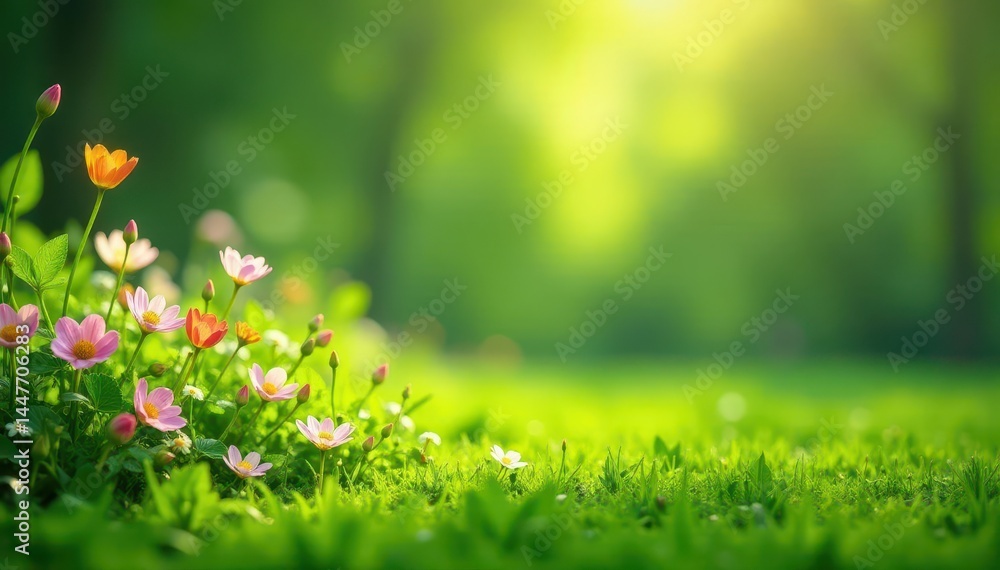 Emerald lawn, vibrant blooms in soft focus background, spring, nature Emerald lawn, vibrant blooms in soft focus background, spring, nature
