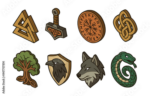 Viking symbols icons set – valknut, mjolnir, runes, knotwork, yggdrasil, raven, wolf, serpent