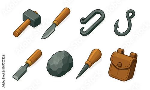 Viking tool icons set – hammer, knife, hook, chisel, stone, awl, bag