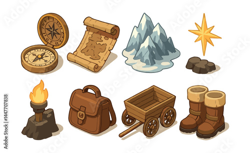 Viking exploration icons set – compass, map, mountains, star, torch, bag, cart, boots