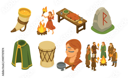 Norwegian viking festival icons set – mead, bonfire, feast, rune, cloak, drum, face paint, gathering