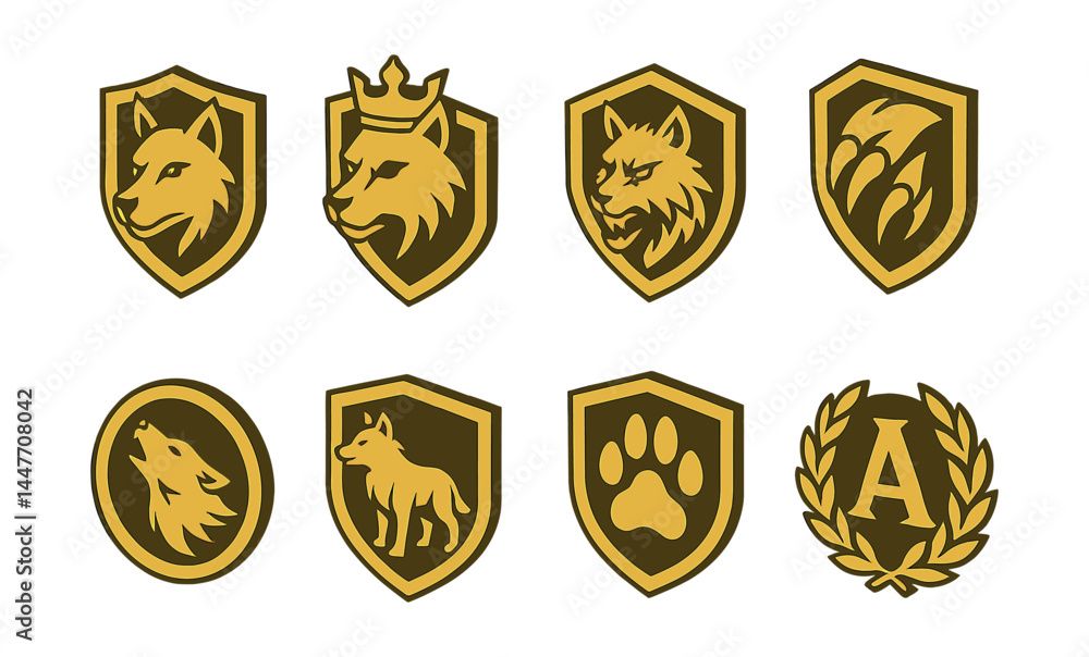 Wolf theme icon set – crests, shields, paw, crown, laurel, fang, howl, canine, pack, symbol Wolf theme icon set – crests, shields, paw, crown, laurel, fang, howl, canine, pack, symbol