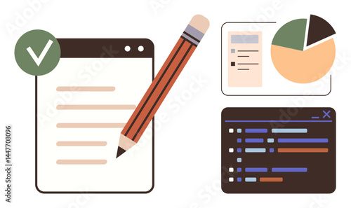Task checklist with pencil, data visualization via pie chart and table, code editor interface. Ideal for productivity, project management, data analysis, web development, coding, teamwork simple