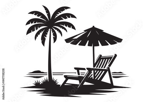 beach chair vector silhouette illustration logo, beach chair logo icon silhouette, tropical beach sunset scene palm trees beach chair and umbrella vector silhouette on white background