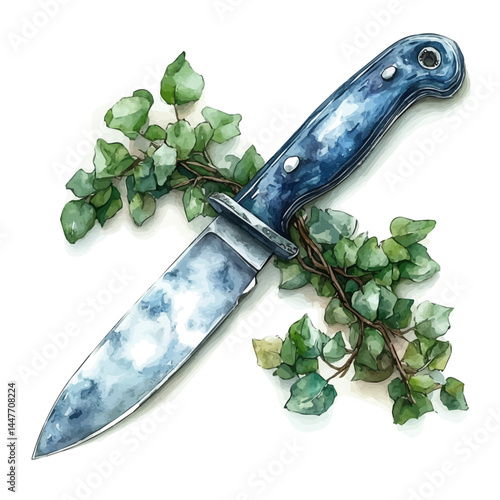 Jungle Machete With Vines Wrapped Around, watercolor vector, isolated on a white background.