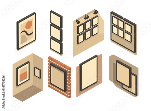 Isometric gallery wall icons set – frames, art, decor, abstract, display, modern, collection, interior, design