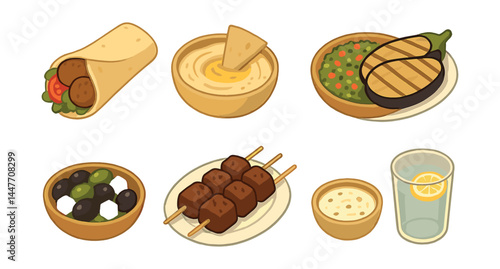 Mediterranean cuisine icon set – falafel, hummus, eggplant, olives, kebab, tzatziki