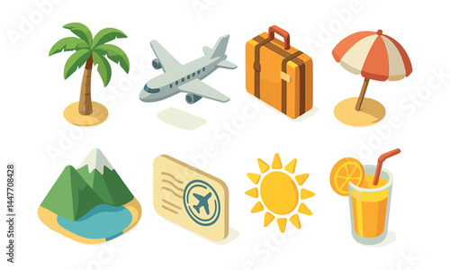 Tropical travel icons set – palm, airplane, suitcase, umbrella, mountain, ticket, sun, juice