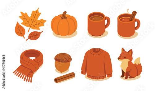 Cozy autumn icons set – leaves, pumpkin, mugs, scarf, acorn, sweater, fox
