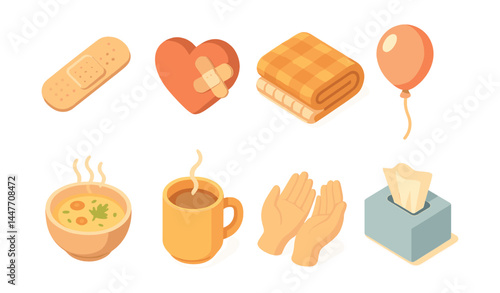 Healing comfort icons set – bandage, heart, blanket, balloon, soup, coffee, hands, tissue
