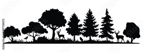 A black vector illustration shows a grass silhouette in a wild nature landscape at sunset