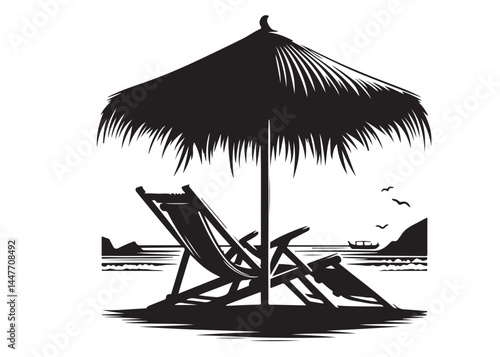 beach chair vector silhouette illustration logo, beach chair logo icon silhouette, tropical beach sunset scene palm trees beach chair and umbrella vector silhouette on white background